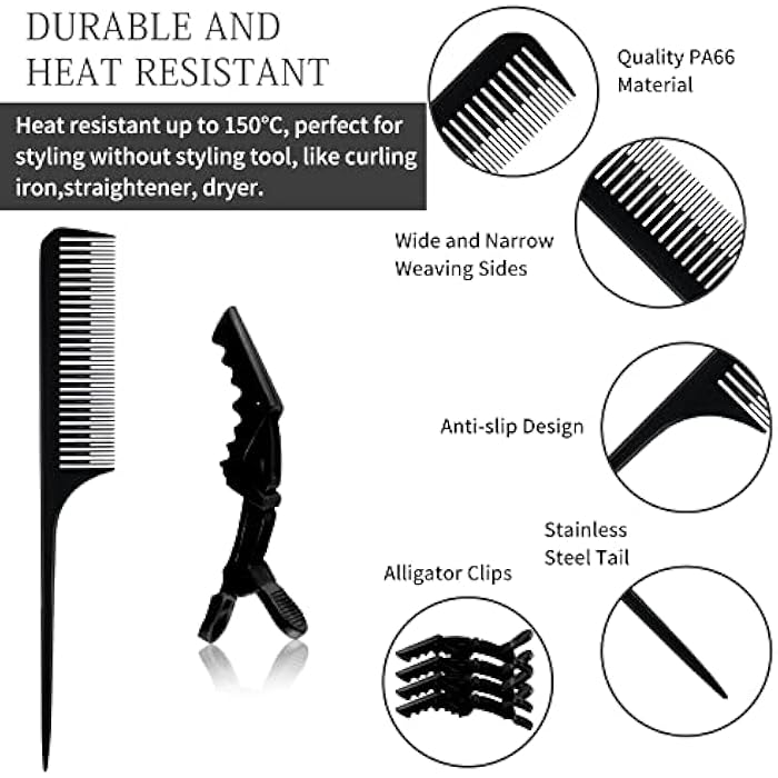 3 Sizes Highlighting Comb Set With Pastel Alligator Clips Weaving Styling With Rat Tail Comb Teasing Hair Color Comb Heat Resistant For Hair Salon Barber Home(PA66 Black) - Image 4